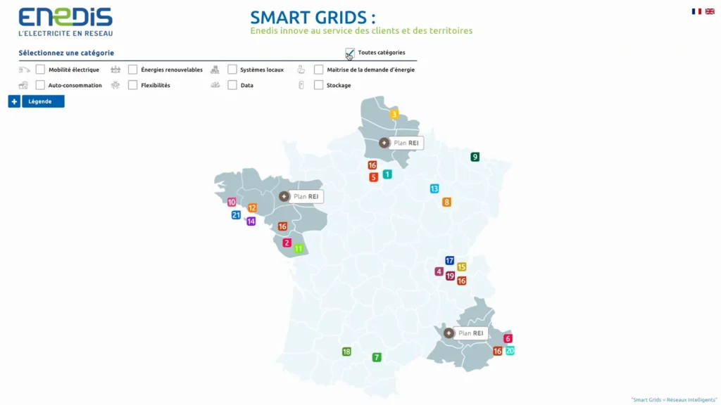 Capture de la carte interactive Enedis présentant les projets Smart Grids en France.