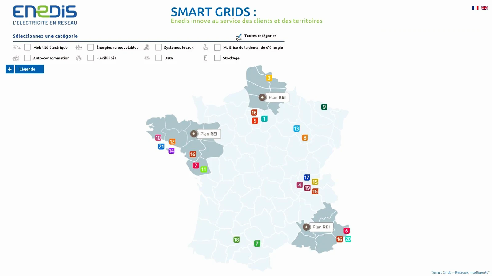 Capture de la carte interactive Enedis présentant les projets Smart Grids en France.