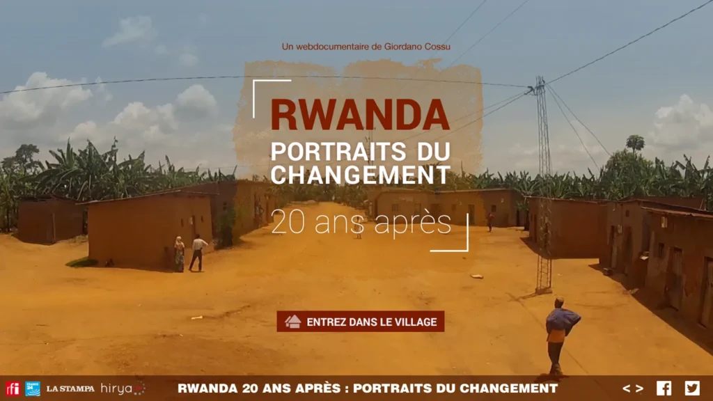 Écran d’ouverture du webdocumentaire Rwanda, portraits du changement — 20 ans après.