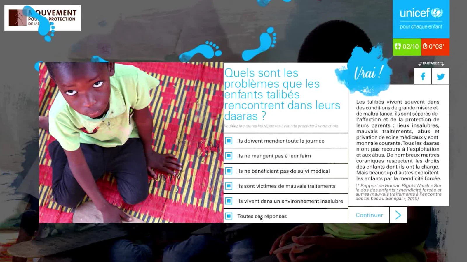 Capture de l’expérience interactive UNICEF consacrée à la protection de l’enfance.